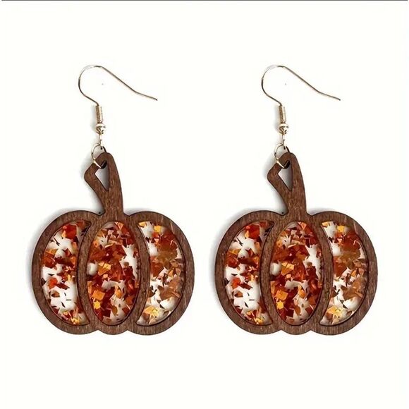 Wooden Pumpkin Drop Glitter Earrings - Picture 1 of 7
